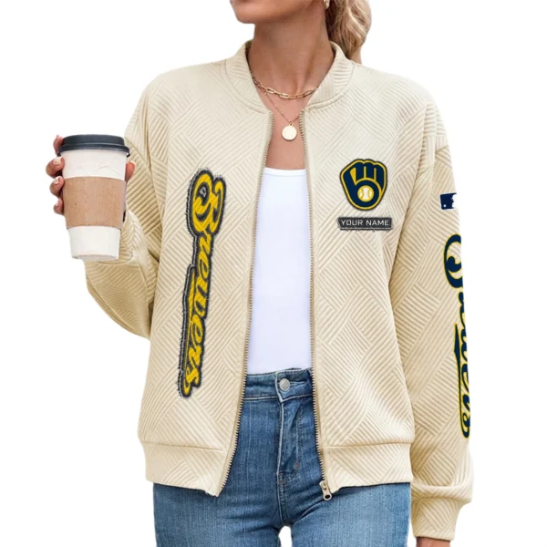 Milwaukee Brewers Women Bomber Jacket Stand Collar Full Zip Outerwear Personalize Name