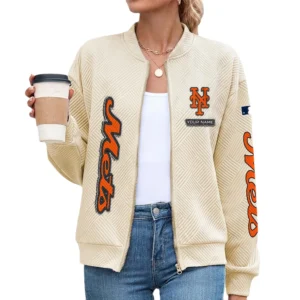 New York Mets Women Bomber Jacket Stand Collar Full Zip Outerwear Personalize Name