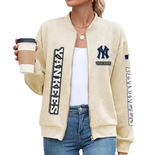 New York Yankees Women Bomber Jacket Stand Collar Full Zip Outerwear Personalize Name