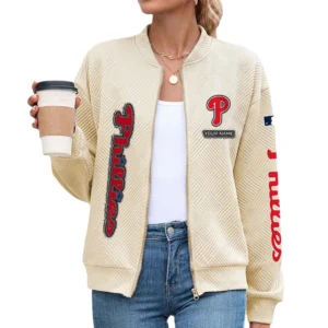 Philadelphia Phillies Women Bomber Jacket Stand Collar Full Zip Outerwear Personalize Name