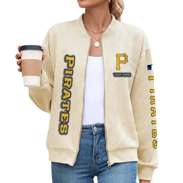 Pittsburgh Pirates Women Bomber Jacket Stand Collar Full Zip Outerwear Personalize Name