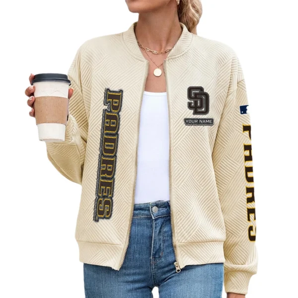 San Diego Padres Women Bomber Jacket Stand Collar Full Zip Outerwear Personalize Name