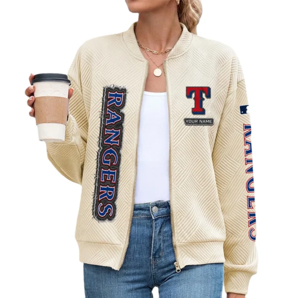 Texas Rangers Women Bomber Jacket Stand Collar Full Zip Outerwear Personalize Name