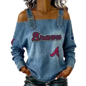 Atlanta Braves Off-Shoulder Long Sleeve Top Shoulder Straps For Women Limited