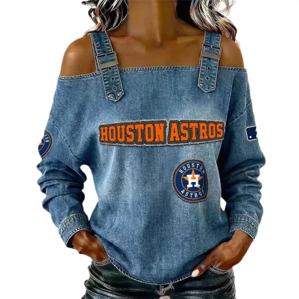 Houston Astros Off-Shoulder Long Sleeve Top Shoulder Straps For Women Limited