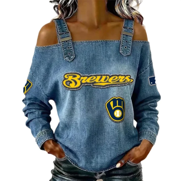 Milwaukee Brewers Off-Shoulder Long Sleeve Top Shoulder Straps For Women Limited