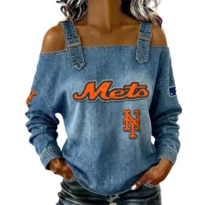 New York Mets Off-Shoulder Long Sleeve Top Shoulder Straps For Women Limited
