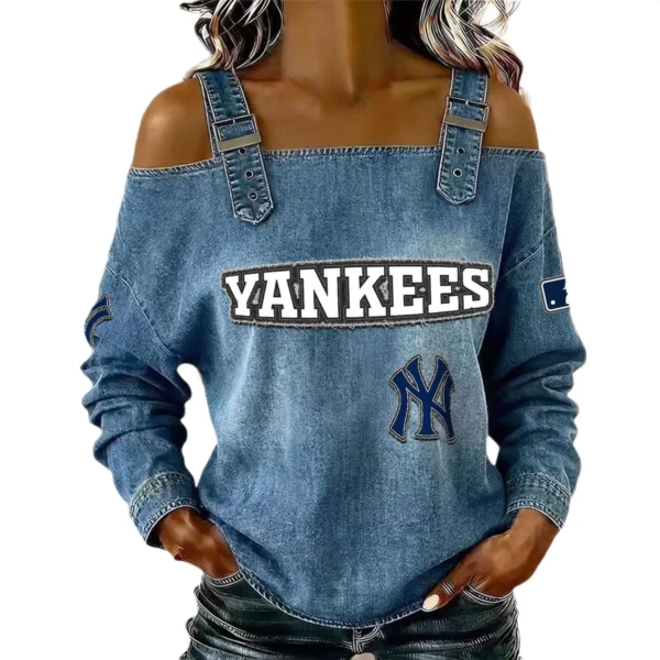 New York Yankees Off-Shoulder Long Sleeve Top Shoulder Straps For Women Limited
