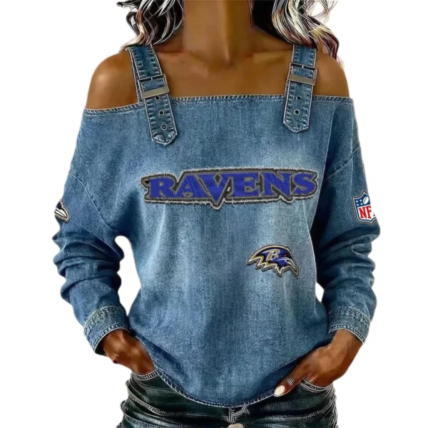 Baltimore Ravens Women's Off-Shoulder Long Sleeve Top with Shoulder Straps