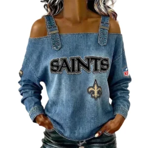 New Orleans Saints Women's Off-Shoulder Long Sleeve Top with Shoulder Straps