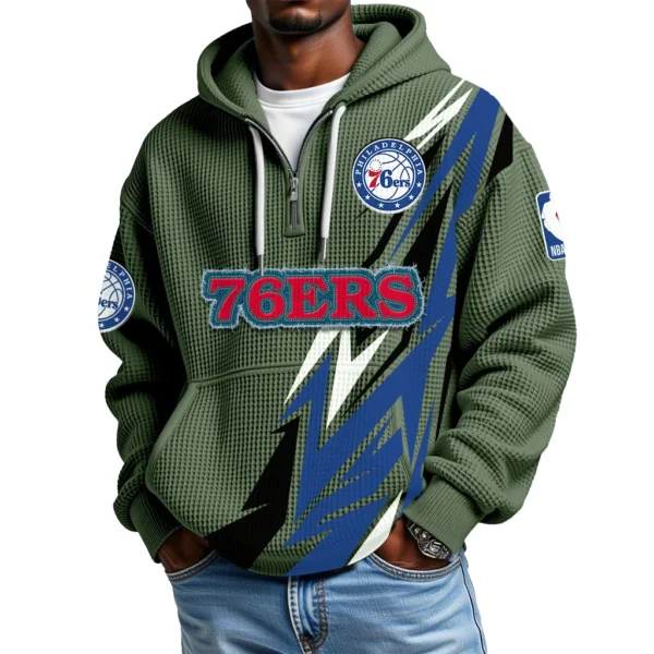Philadelphia 76ers Quarter-Zip Hooded Sweatshirt Waffle Knit New