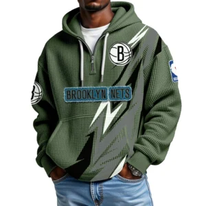 Brooklyn Nets Quarter-Zip Hooded Sweatshirt Waffle Knit New