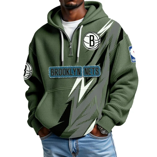 Brooklyn Nets Quarter-Zip Hooded Sweatshirt Waffle Knit New