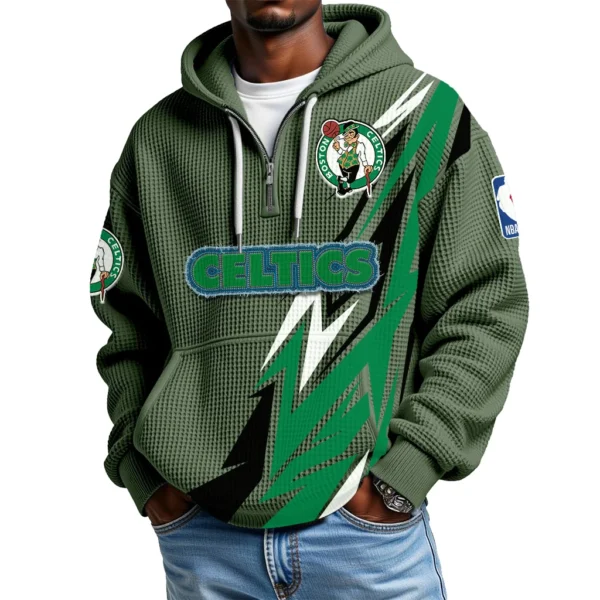 Boston Celtics Quarter-Zip Hooded Sweatshirt Waffle Knit New