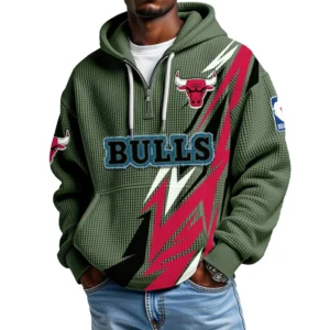 Chicago Bulls Quarter-Zip Hooded Sweatshirt Waffle Knit New