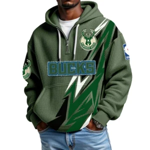 Milwaukee Bucks Quarter-Zip Hooded Sweatshirt Waffle Knit New
