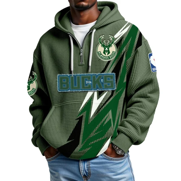 Milwaukee Bucks Quarter-Zip Hooded Sweatshirt Waffle Knit New