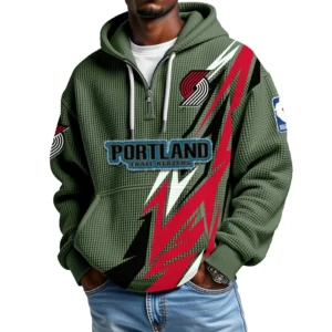 Portland Trail Blazers Quarter-Zip Hooded Sweatshirt Waffle Knit New