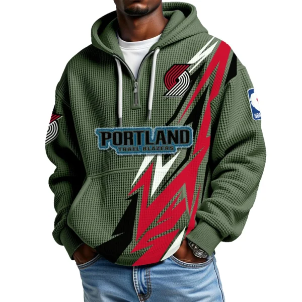 Portland Trail Blazers Quarter-Zip Hooded Sweatshirt Waffle Knit New