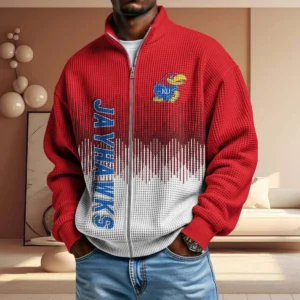 Kansas Jayhawks Full Zip Hoodies 2027 Men Waffle Knit Long Sleeve Sweatshirt