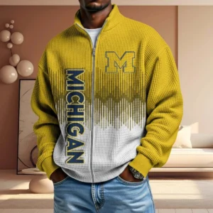Michigan Wolverines Full Zip Hoodies 2027 Men Waffle Knit Long Sleeve Sweatshirt