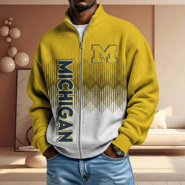 Michigan Wolverines Full Zip Hoodies 2027 Men Waffle Knit Long Sleeve Sweatshirt
