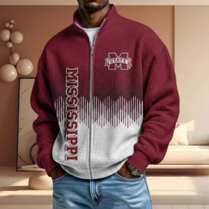 Mississippi State Bulldogs Full Zip Hoodies 2027 Men Waffle Knit Long Sleeve Sweatshirt