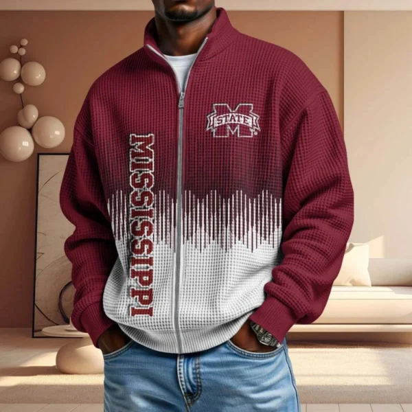 Mississippi State Bulldogs Full Zip Hoodies 2027 Men Waffle Knit Long Sleeve Sweatshirt