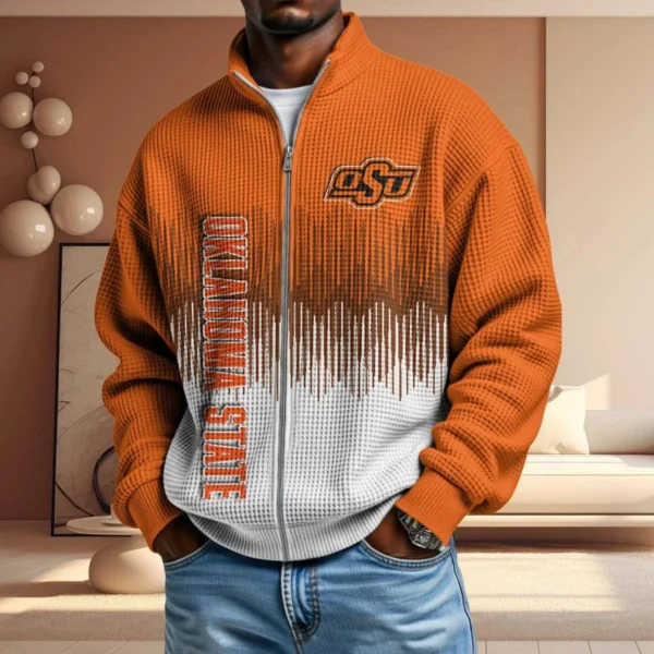 Oklahoma State Cowboys Full Zip Hoodies 2027 Men Waffle Knit Long Sleeve Sweatshirt