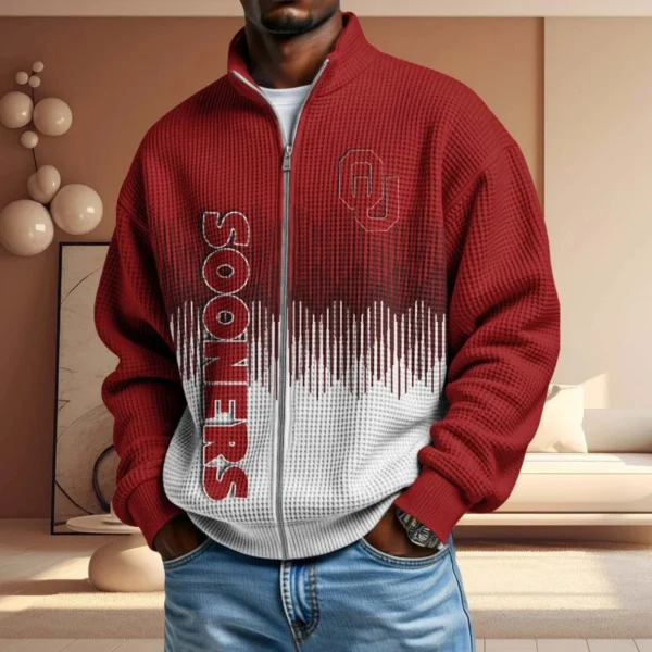 Oklahoma Sooners Full Zip Hoodies 2027 Men Waffle Knit Long Sleeve Sweatshirt
