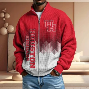 Houston Cougars Full Zip Hoodies 2027 Men Waffle Knit Long Sleeve Sweatshirt