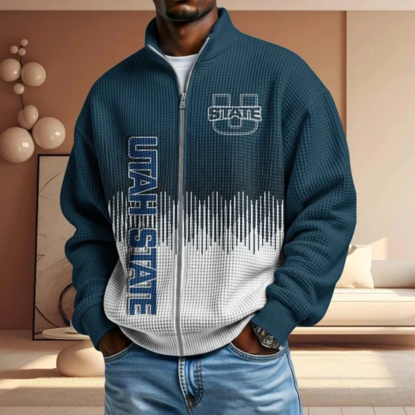 Utah State Aggies Full Zip Hoodies 2027 Men Waffle Knit Long Sleeve Sweatshirt