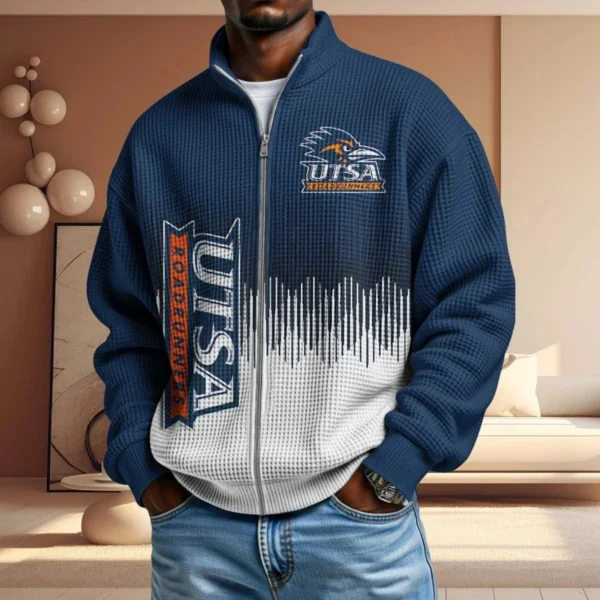 UTSA Roadrunners Full Zip Hoodies 2027 Men Waffle Knit Long Sleeve Sweatshirt