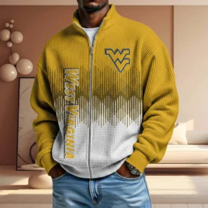 West Virginia Mountaineers Full Zip Hoodies 2027 Men Waffle Knit Long Sleeve Sweatshirt