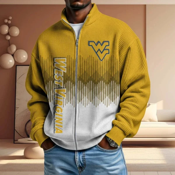 West Virginia Mountaineers Full Zip Hoodies 2027 Men Waffle Knit Long Sleeve Sweatshirt