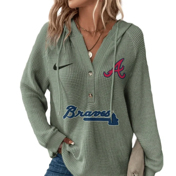 Atlanta Braves  Hoodies Button V Neck Waffle Knit Top Long Sleeve Shirts For Women