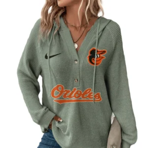 Baltimore Orioles  Hoodies Button V Neck Waffle Knit Top Long Sleeve Shirts For Women