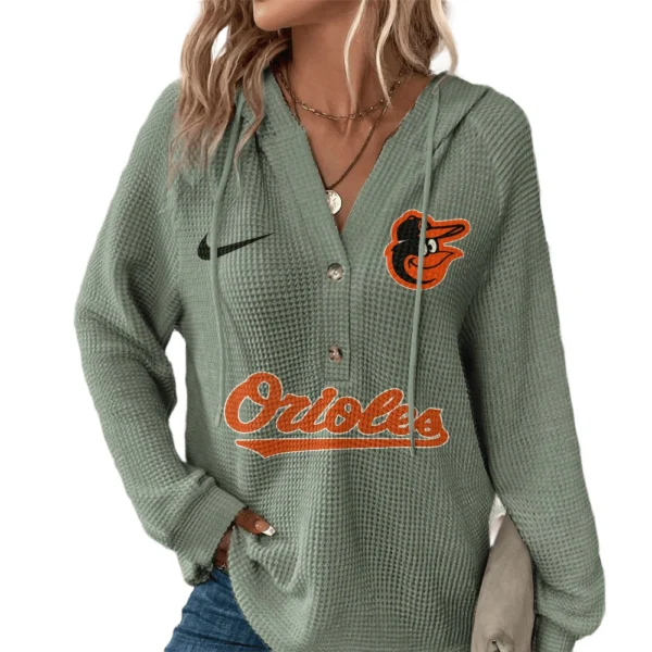 Baltimore Orioles Hoodies Button V Neck Waffle Knit Top Long Sleeve Shirts For Women