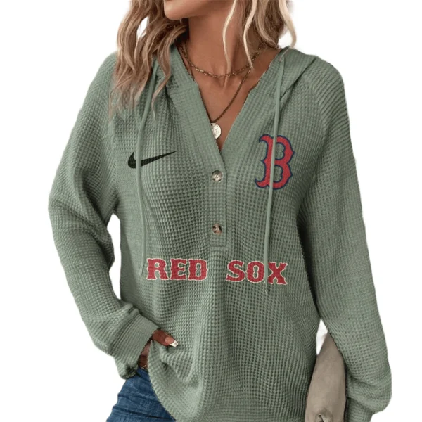 Boston Red Sox Hoodies Button V Neck Waffle Knit Top Long Sleeve Shirts For Women