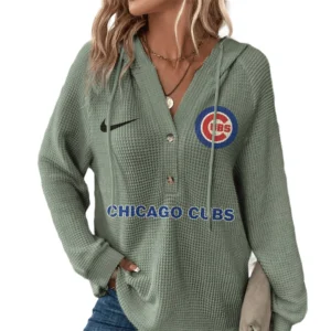 Chicago Cubs  Hoodies Button V Neck Waffle Knit Top Long Sleeve Shirts For Women