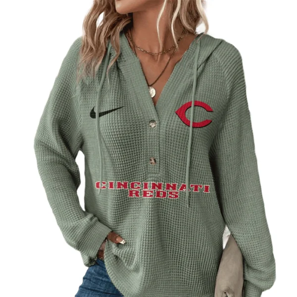 Cincinnati Reds  Hoodies Button V Neck Waffle Knit Top Long Sleeve Shirts For Women