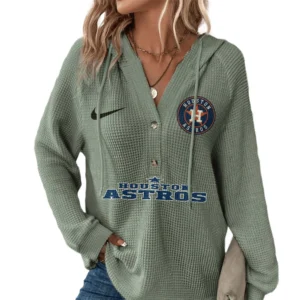 Houston Astros  Hoodies Button V Neck Waffle Knit Top Long Sleeve Shirts For Women