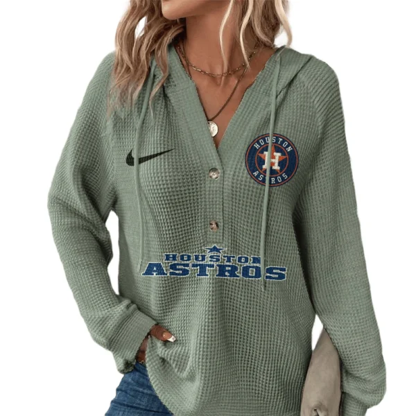 Houston Astros Hoodies Button V Neck Waffle Knit Top Long Sleeve Shirts For Women