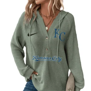Kansas City Royals  Hoodies Button V Neck Waffle Knit Top Long Sleeve Shirts For Women