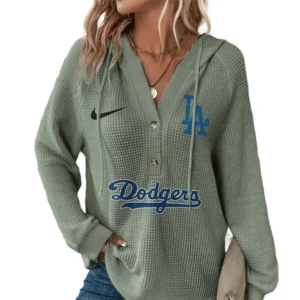 Los Angeles Dodgers  Hoodies Button V Neck Waffle Knit Top Long Sleeve Shirts For Women