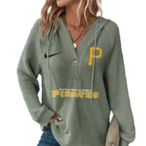 Pittsburgh Pirates  Hoodies Button V Neck Waffle Knit Top Long Sleeve Shirts For Women