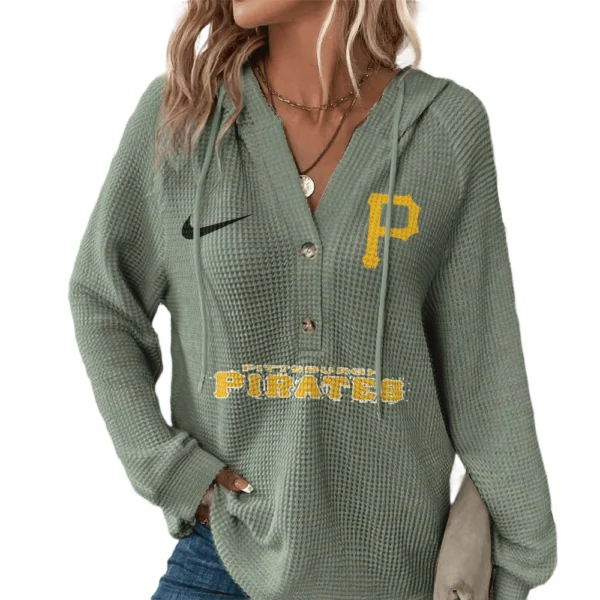 Pittsburgh Pirates Hoodies Button V Neck Waffle Knit Top Long Sleeve Shirts For Women