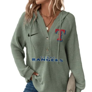 Texas Rangers  Hoodies Button V Neck Waffle Knit Top Long Sleeve Shirts For Women
