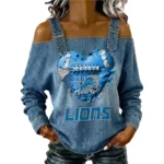 Detroit Lions Women's Off-Shoulder Long Sleeve Top Shoulder Straps Limited