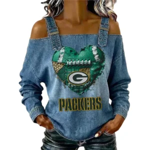 Green Bay Packers Women's Off-Shoulder Long Sleeve Top Shoulder Straps Limited